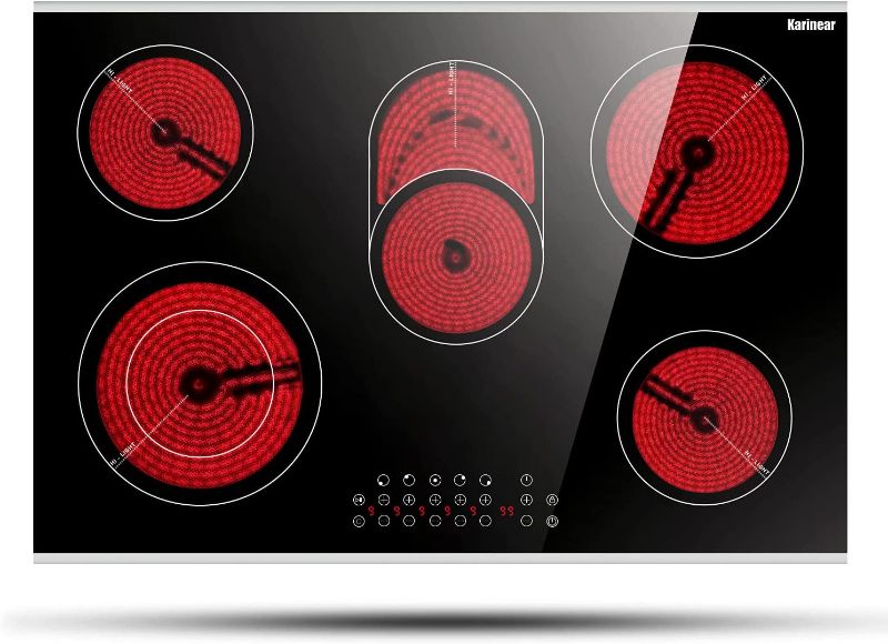Photo 1 of  8400W 30 Inch Electric Cooktop 5 Burners Ceramic Cooktop, Drop-in Electric Radiant Cooktop with Front and Back Metal Frame, Child Lock, Timer, 220-240V, Hard Wire, No Plug