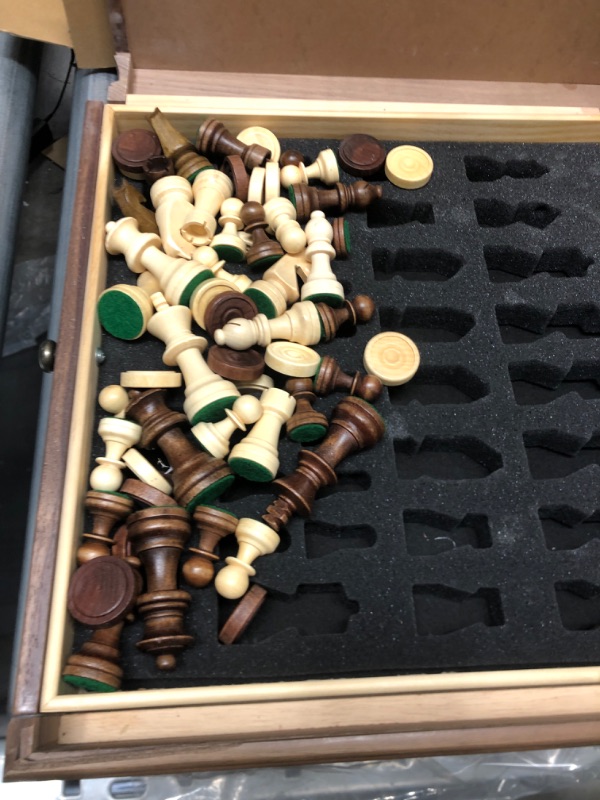 Photo 3 of A&A 15 inch Walnut Wooden Chess & Checkers Set w/ Storage Drawer /Weighted Chess Pieces - 3.0 inch King Height/ Walnut Box w/Walnut & Maple Inlay / 2 Extra Queen / Classic 2 in 1 Board Games
