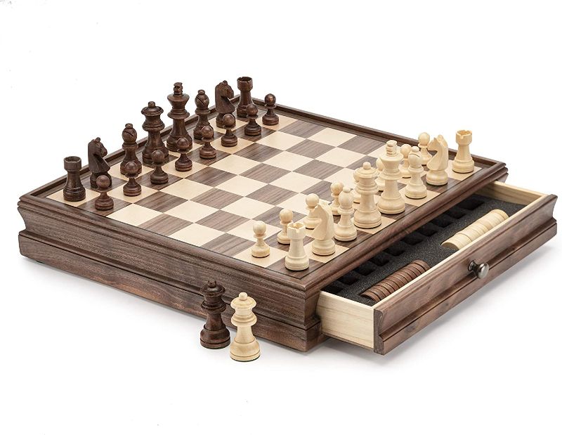 Photo 1 of A&A 15 inch Walnut Wooden Chess & Checkers Set w/ Storage Drawer /Weighted Chess Pieces - 3.0 inch King Height/ Walnut Box w/Walnut & Maple Inlay / 2 Extra Queen / Classic 2 in 1 Board Games
