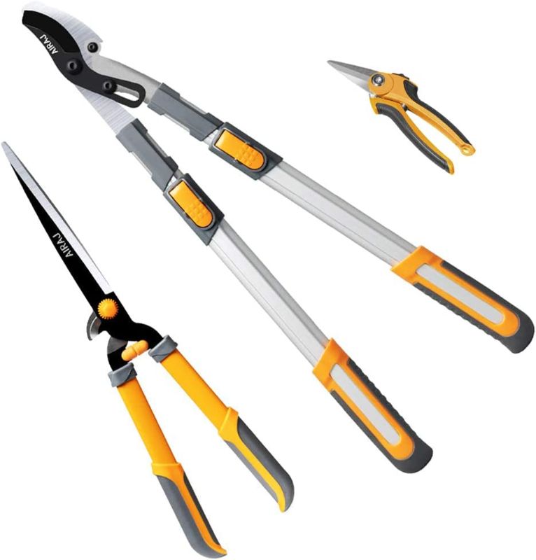 Photo 1 of AIRAJ 3Pcs Professional Hedge Lopper Set,27" Tree Loppers,24'' Heavy Duty Hedge Shears and 7.5'' Cut Easy Hand Pruners,The best choice for garden tools.
