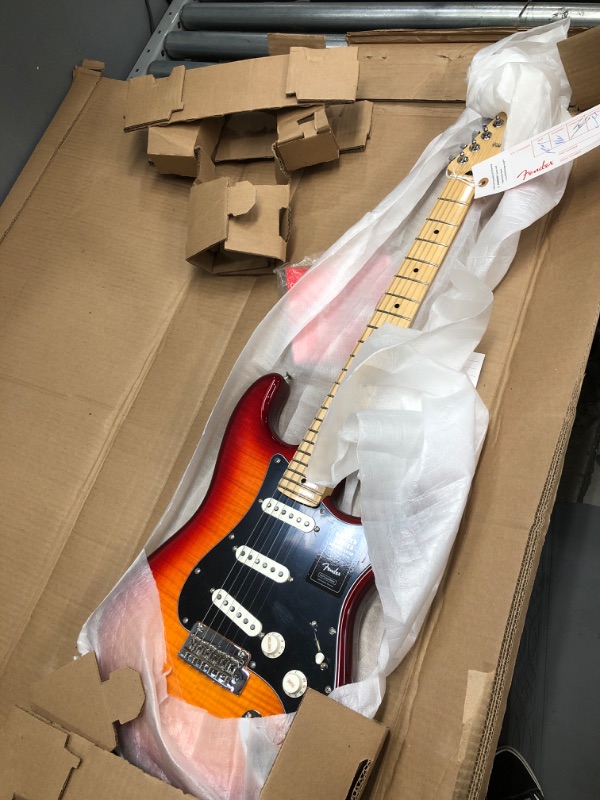 Photo 2 of Fender Player Stratocaster HSS Plus Top - Aged Cherry Sunburst Bundle with Hard Case, Cable, Tuner, Strap, Strings, Picks, Capo, Fender Play Online Lessons Lessons, and Austin Bazaar Instructional DVD
