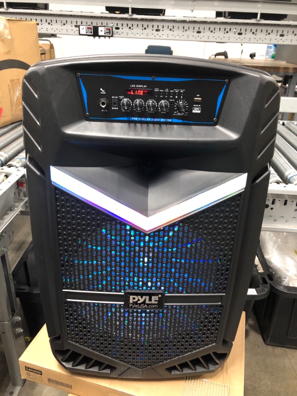 Photo 2 of Portable Bluetooth PA Speaker System - 1200W Rechargeable Outdoor Bluetooth Speaker Portable PA System w/ 15” Subwoofer 1” Tweeter, Recording Function Mic In Party Lights USB/SD Radio - Pyle PPHP1542B
