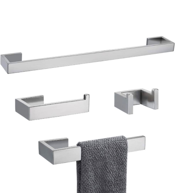 Photo 1 of TNOMS 4 Pieces Bathroom Hardware Accessories Set Towel Bar Towel Holder Robe Hook Toilet Paper Holder Stainless Steel,Q8-P4BR