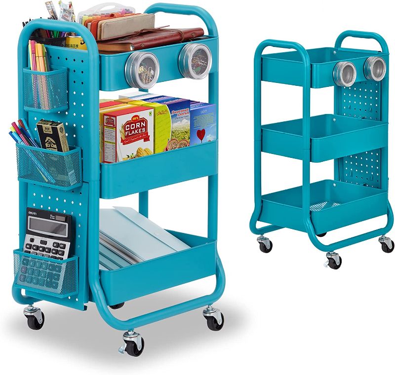 Photo 1 of DESIGNA Heavy Duty 3-Tier Metal Rolling Cart,Utility Storage Cart With DIY Pegboard,Craft Art Carts Trolley Organizer with Handle and Extra Office Storage Accessories for Kitchen Office Home,Turquoise
