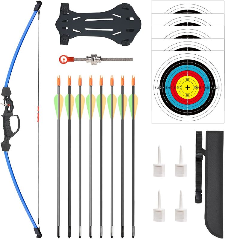 Photo 1 of Aimdor Archery Kids Bow and Arrow Set Youth Bow and Arrow Birthday Gift Bow for Kids 12 to 16 Years Old Bow Beginner Bow Practice Bow with 8 Arrows and Accessories for Outdooor Practice
