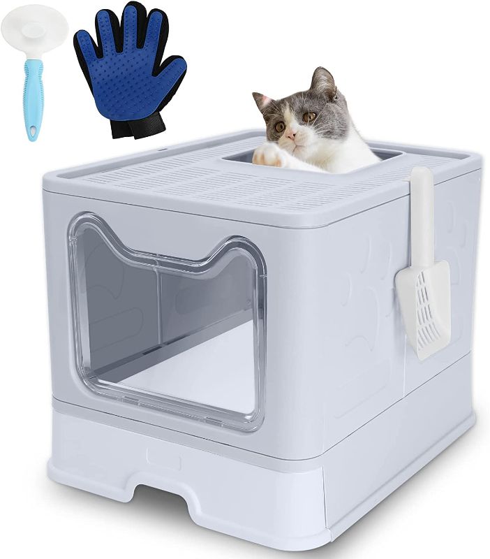 Photo 1 of ROCCS Foldable Cat Litter Box with Lid,No Smell Large Top Entry Litter Box with Cat Litter Scoop,Covered Drawer Type Kitty Potty,Including Fur Brush & Cleaning Glove,20" x 16" x 15"
