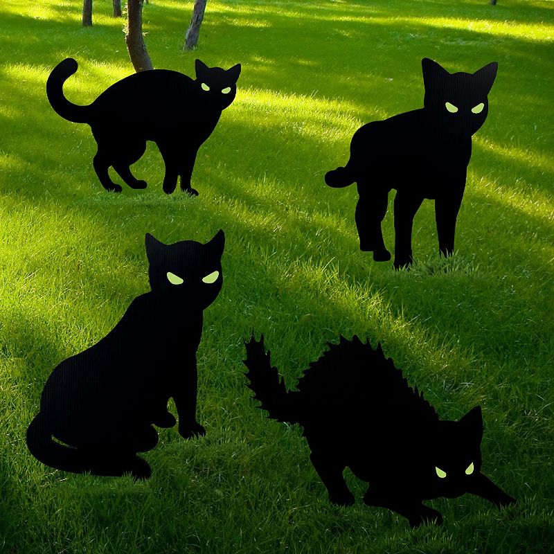 Photo 1 of 4 Pack Halloween Black Cat Yard Signs Black Cat Lawn Decorations Outdoor, Scary Family Home Front Yard Signs Halloween Decorations for Outdoor Yard Decor
