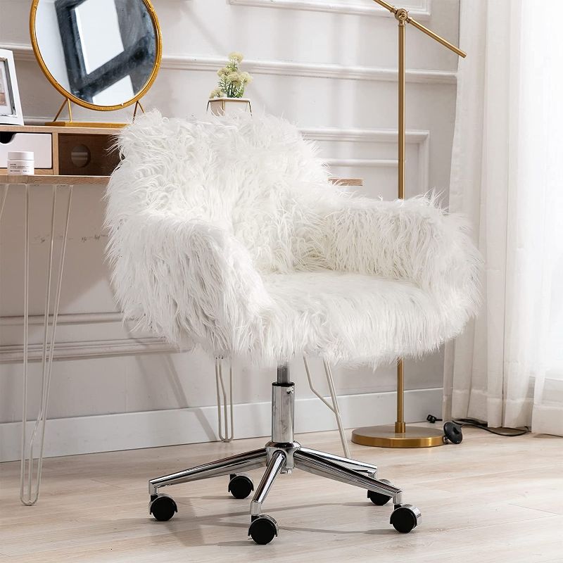 Photo 1 of Recaceik Faux Fur Vanity Chair, White Arm Chrome Base Office Compact Padded Seat, Upholstered Decorative Furniture Ottoman Desk Chairs for Teens Girls, Living Room, Bedroom and Dressing Room
