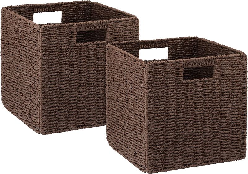 Photo 1 of 2 Pack Wicker Baskets, Graciadeco Hand-Woven Paper Rope Storage Baskets Woven, Foldable Cubby Storage Bins, Storage Basket for Shelves Organizing or Decor, 12*12*12 Inches, Brown
