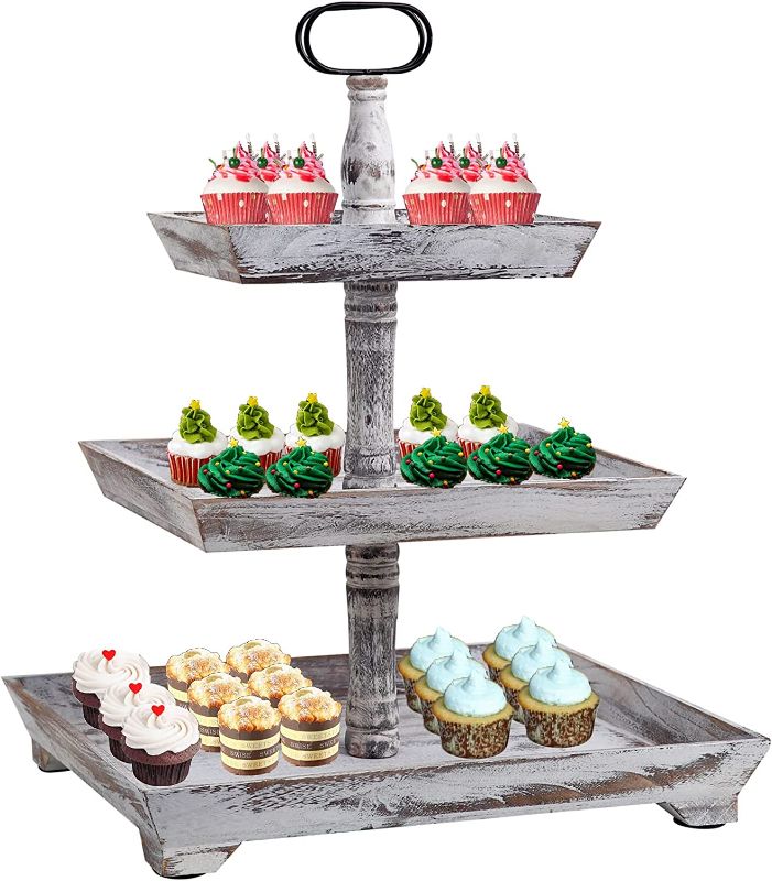 Photo 1 of 3 Tiered Tray 3 Tier Cupcake Stand Rectangle Serving Tray Wooden Cake Stands,White Rustic Style for Party Wedding Outdoor Dining Christmas Living Room-Two Handles&4 Non-Slip Pads
