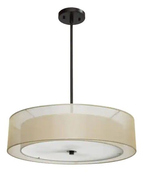 Photo 1 of 3-Light Antique Bronze Double Drum Pendant with Outer Organza Shade
