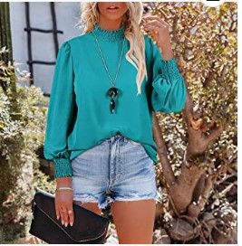 Photo 1 of Women's Puff Sleeve Ruffle Mock Neck Casual Loose Back Zip Up Chiffon Blouse Work Shirts Tops
