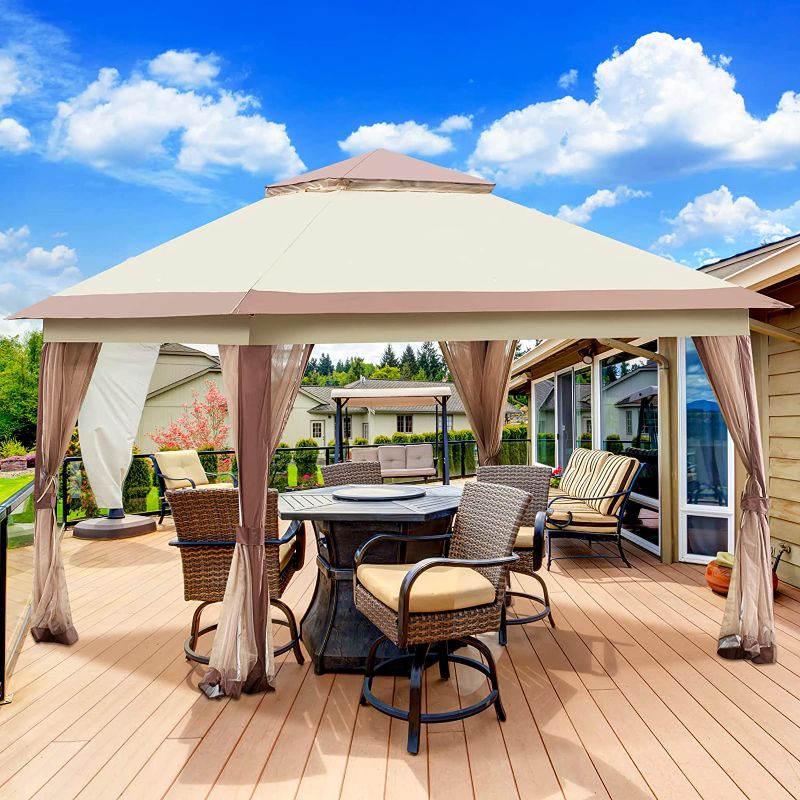 Photo 1 of Aoxun 11’ X 11’ Pop Up Canopy Tent , Straight Leg Outdoor Gazebo with Mosquito Netting , Patio Gazebo Shelter with 121 Square Feet of Shade , Beige
