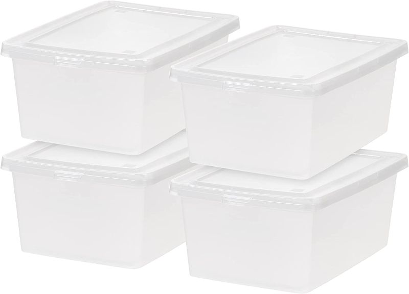 Photo 1 of (MISSING 1 TOTE) IRIS USA 14.5 Qt. Lightweight Plastic Storage Container Bin with Latching Lid, 4 Pack, for Clothes, Towels, Shoes, Heels, Action Figures, Art Supplies, School Supplies, Stackable and Nestable, Clear
