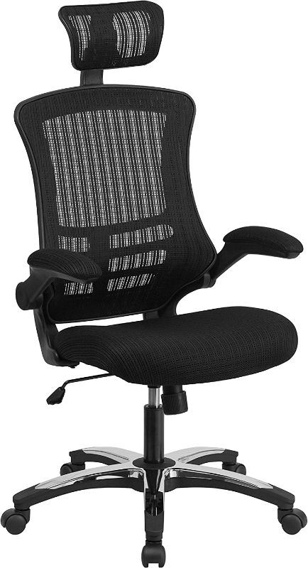 Photo 1 of **Missing Hardware**Flash Furniture Kelista High-Back Black Mesh Swivel Ergonomic Executive Office Chair with Flip-Up Arms and Adjustable Headrest
