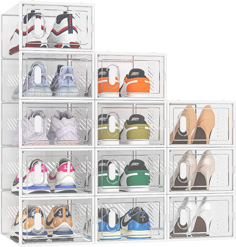 Photo 1 of Shoe Box, 12 Pack Shoe Storage Boxes Clear Plastic Stackable, Shoe Organizer Containers with Lids for Size 10
