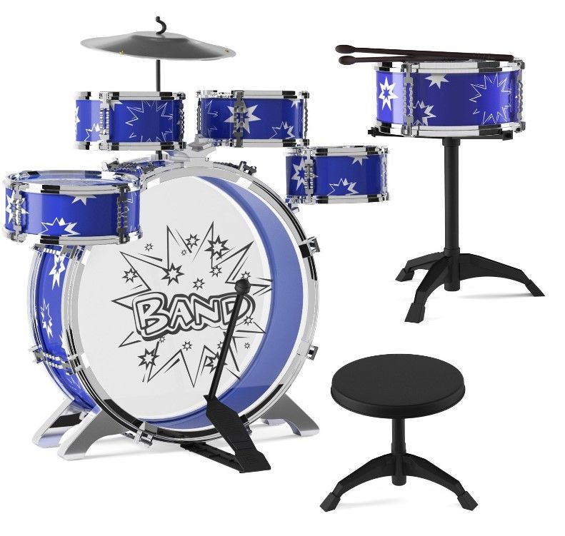 Photo 1 of EMAAS 11 Piece Jazz Drum Set for Kids - 5 Drums, 2 Drumsticks, Kick Pedal, Cymbal Chair, Stool Ideal Gift for Kids, Boys and Girls - Stimulates Musical Talent Imagination and Creativity
