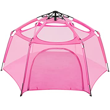 Photo 1 of Alvantor Playpen Play Yard Space Canopy Fence Pin 6 Panel Pop Up Foldable and Portable Lightweight Safe Indoor Outdoor Infants Babies Toddlers Kids Pets 7’x7’x44” Pink Patent
