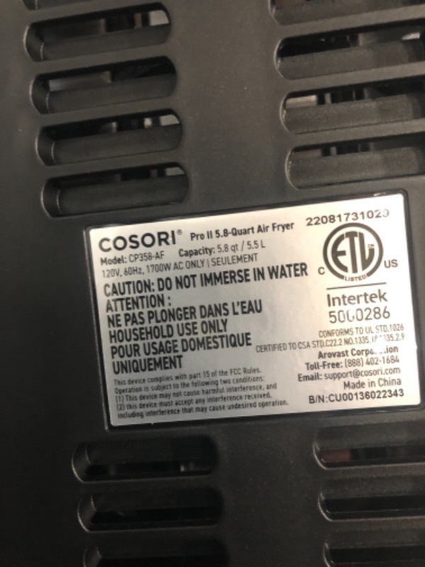 Photo 3 of *SELLING FOR PARTS*
COSORI Pro II Air Fryer Oven Combo, 5.8QT Max Xl Large Cooker with 12 One-Touch Savable Custom Functions, Cookbook and Online Recipes, Nonstick and Dishwasher-Safe Detachable Square Basket
