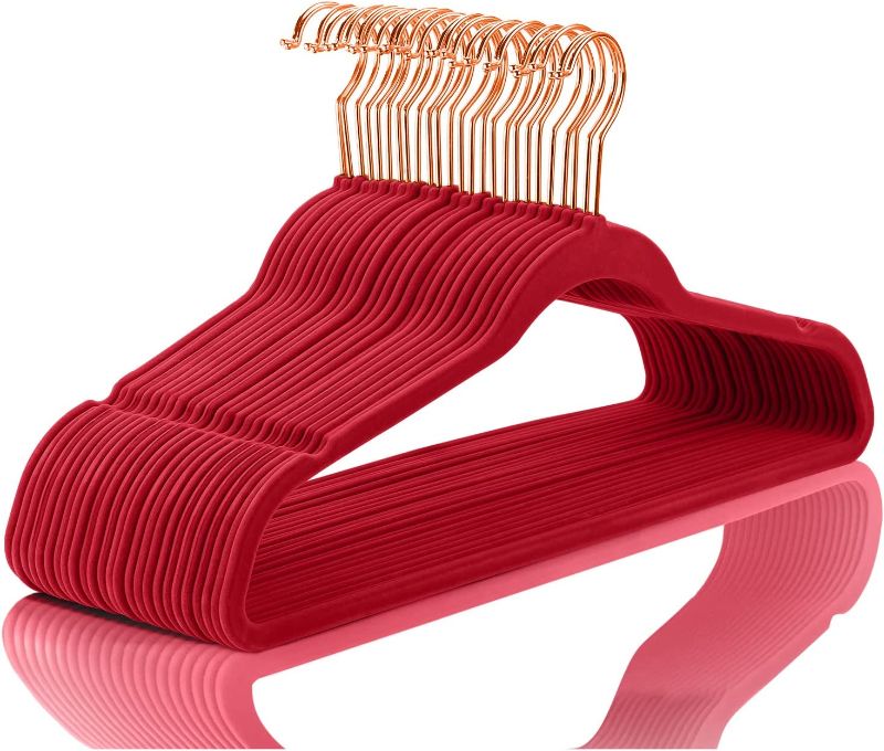 Photo 1 of Premium Velvet Hangers (Pack of 50) Heavyduty - Non Slip - Velvet Suit Hangers Red - Copper/Rose Gold Hooks,Space Saving Clothes Hangers (Red)
