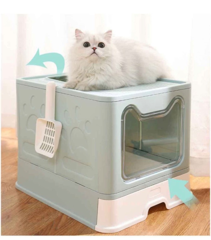 Photo 1 of AnRui Large Foldable Cat Litter Box with Lid, Top Entrance Anti-Splashing Enclosed Cat Toilet Box with Scoop Drawer Type Cat Litter Pan Easy to Clean High Sided Pet Litter Box