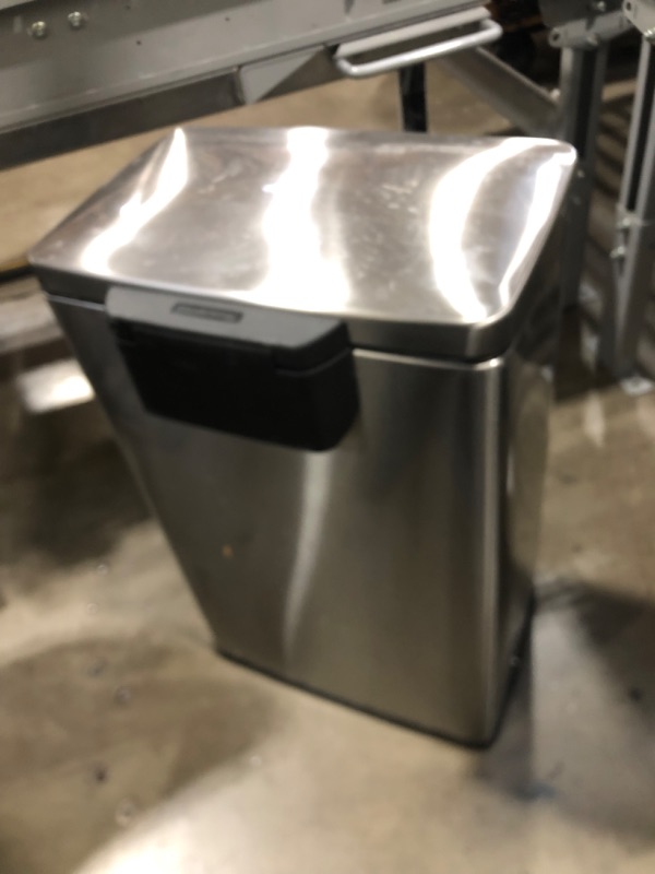 Photo 1 of Amazon Basics 50 Liter / 13.2 Gallon Soft-Close, Smudge Resistant Trash Can with Foot Pedal - Brushed Stainless Steel, Satin Nickel Finish
