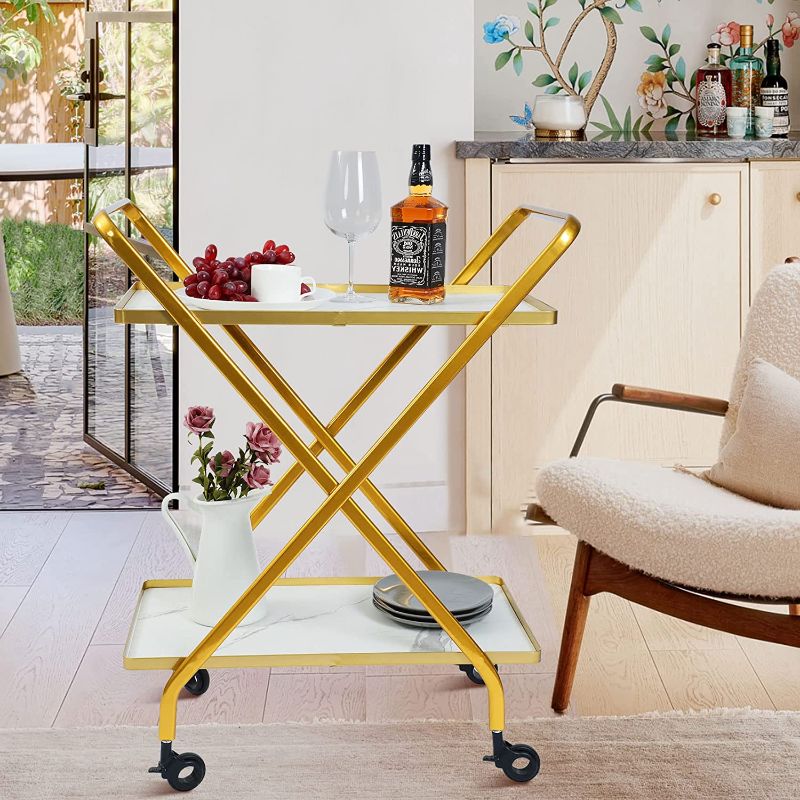 Photo 1 of **Missing Hardware**Bar Cart Gold - Jubao 2022 New Modern Serving Cart Rolling Wine Bar Cart Coffee Cart with White Marbling Wood, Lockable Wheels, Premium Metal Frame for Home Kitchen Dining Room & Outdoor, 2 Tier
