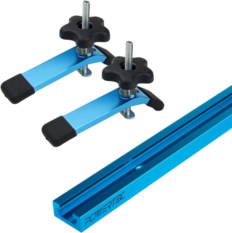 Photo 1 of **clamps only** POWERTEC 71169 48-Inch Universal T-Track with 2 Hold-Down Clamps, anodized blue
