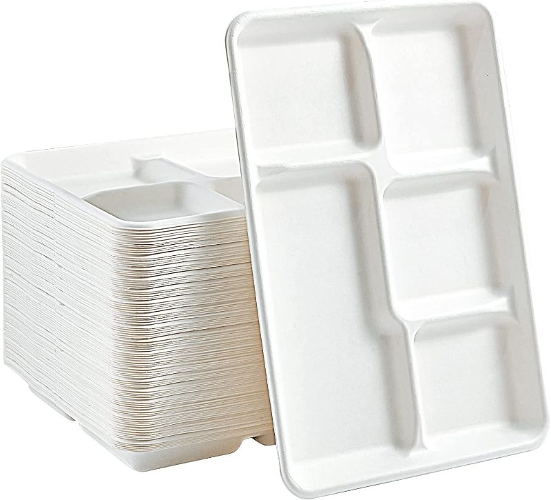 Photo 1 of 500 Pack 5 Compartment Plates, 100% Compostable Paper Plate, 12.5*8.6 inch Disposable School Lunch Trays, Eco-Friendly Bagasse Plates for School Lunch, Buffet, and Party
