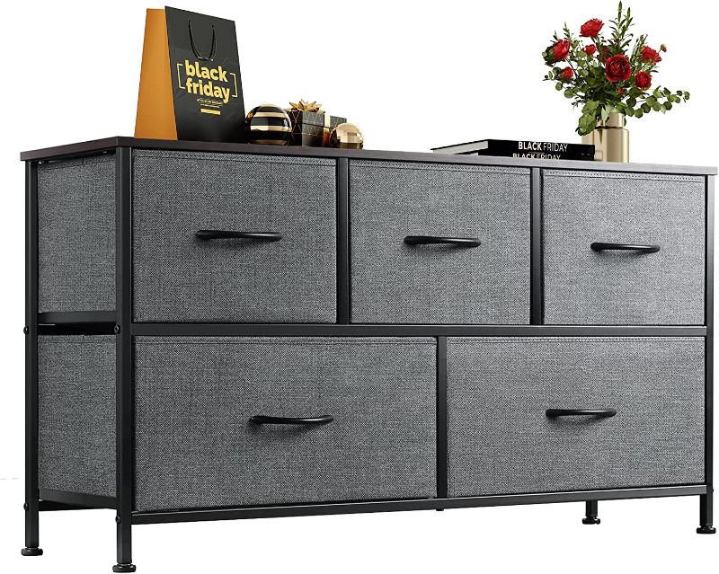 Photo 1 of WLIVE Dresser for Bedroom with 5 Drawers, Wide Chest of Drawers, Fabric Dresser, Storage Organizer Unit with Fabric Bins for Closet, Living Room, Hallway, Nursery, Dark Grey
