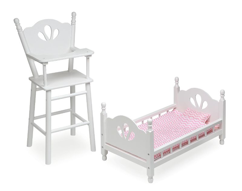 Photo 1 of Badger Basket English Country Doll High Chair and Bed Set with Chevron Bedding
