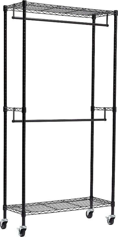 Photo 1 of Amazon Basics Adjustable, Double Hanging Rod Garment Rolling Closet Organizer Rack - Black, 72 inches
