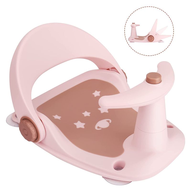 Photo 1 of Baby Bath Seat with Thermometer, Portable Toddler Child Bathtub Seat for 6-18 Months, Adjustable Backrest & Suction Cup for Stability (Pink)
