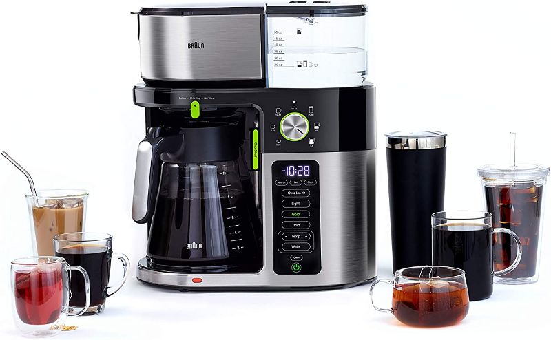 Photo 1 of ***MISSING COMPONENTS*** Braun MultiServe Coffee Machine 7 Programmable Brew Sizes / 3 Strengths + Iced Coffee & Hot Water for Tea, Glass Carafe (10-Cup), Stainless/Black, KF9150BK
