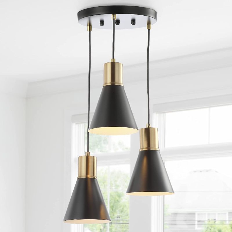 Photo 1 of 15" 3-Light Metal LED Pendant, Black/Brass Gold, Modern, 3 Lights + Bulbs
