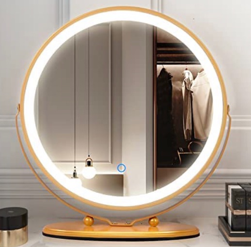 Photo 1 of LVSOMT 20" Large Makeup Vanity Mirror with Lights, Led Lighted Dressing Circle Mirror, High Definition Round Tabletop / Desk Mirror with 3 Color Dimmable Lighting Modes & Touch Screen (Yellow)