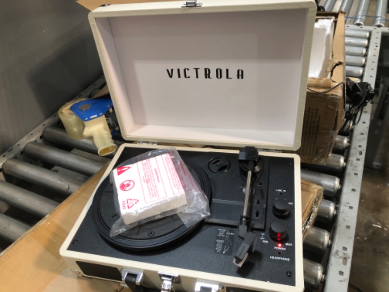 Photo 2 of Victrola Vintage 3-Speed Bluetooth Portable Suitcase Record Player with Built-in Speakers Upgraded Turntable Audio Sound Includes Extra Stylus Light Grey