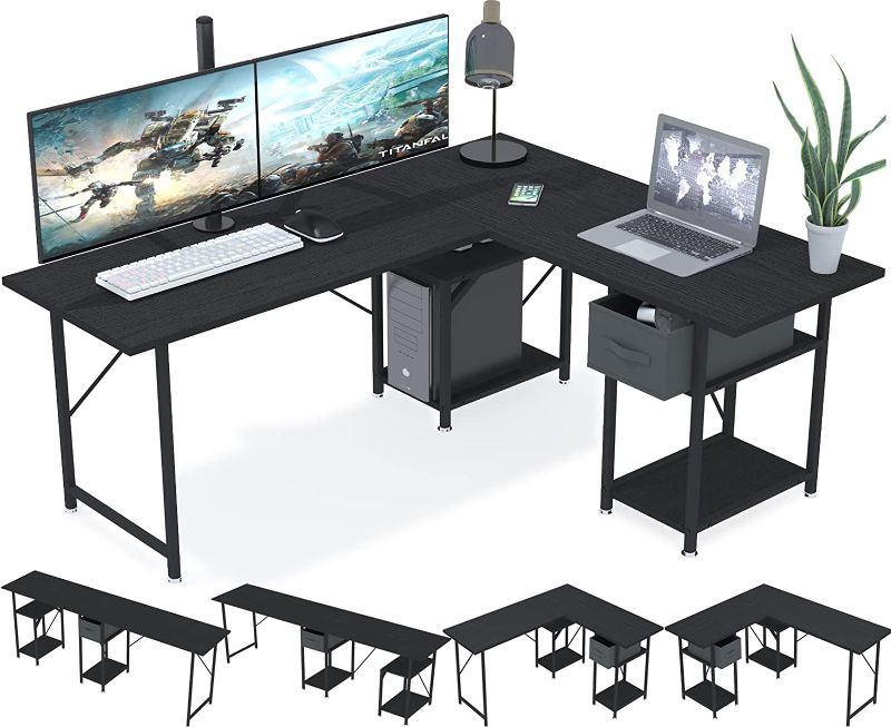 Photo 1 of DLIUZ Gaming Desk,L Shaped Desk with Drawer,Reversible Computer Desk with Shelves Home Office Desk 2 Person Long Writing Study Table L Desk Workstation Studio Craft Printer Table(Black) 56"D x 47.2"W x 28.7"H

