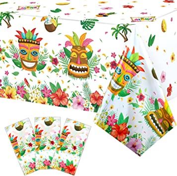 Photo 1 of 3 Pieces Tiki Party Decorations Tablecloths Hawaiian Luau Table Covers Plastic Disposable Tropical Table Clothes for Aloha Tiki Bar Tropical Summer Beach Pool Birthday Party Supplies, 54 x 108 Inches
