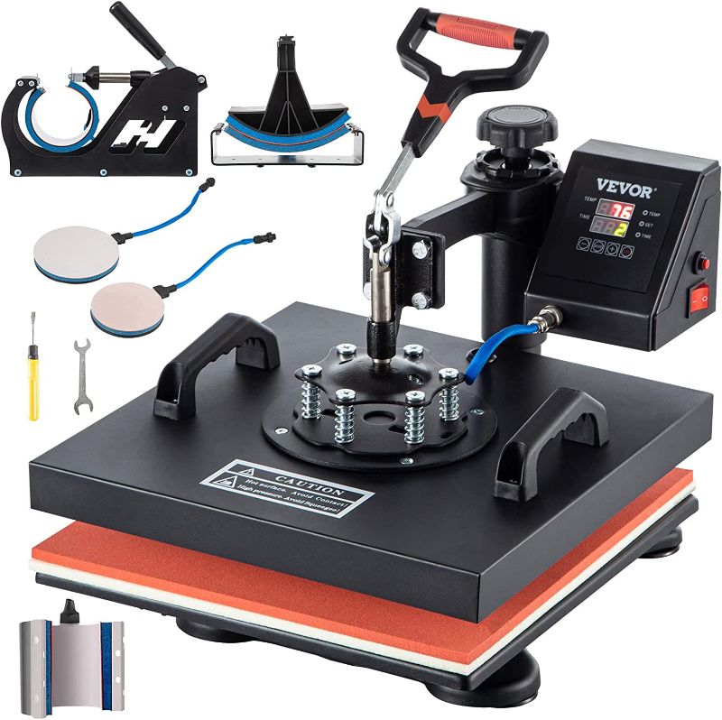 Photo 1 of VEVOR Heat Press Machine, 15 x 15 Inch, 6 in 1 Combo Swing Away T-shirt Sublimation Transfer Printer with Teflon Coated, Accessories Included, ETL/FCC Certificated (Color and model may Vary)


