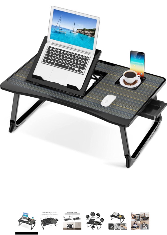 Photo 1 of Lap Desk for Adults, Saviki Serving Laptop Bed Tray Breakfast with Folding Legs, MDF Bed Table with Cup Holder, Bed Desk Notebook Stand with Top Storage Drawer, Students Desk/Game Table (Black)