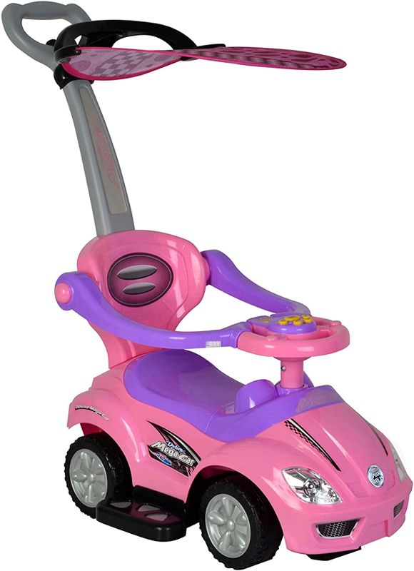 Photo 1 of ChromeWheels Push Cars for Toddlers, 3 in 1 Ride on Push Car with Removable Canopy, Ride on Toys Mega Car w/ Handle & Horn & Music, Pink