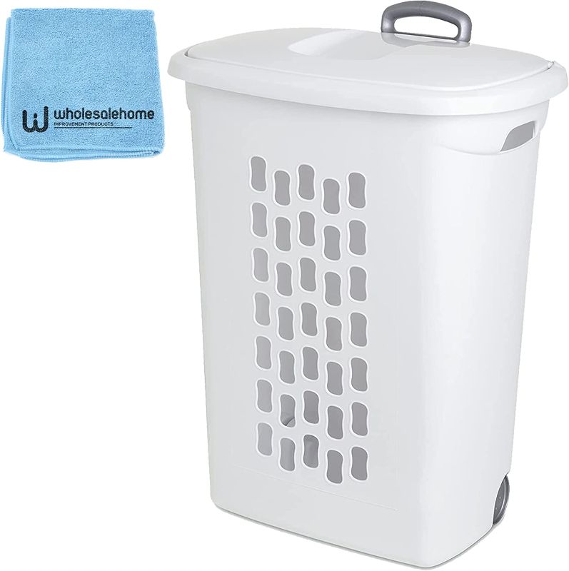 Photo 1 of 
Sterilite Plastic Laundry Hamper with Lid and Wheels - Tall White Portable Rolling Laundry Basket with Wheels and Handle for Dirty Clothes Hamper, Wholesalehome Cloth Included
