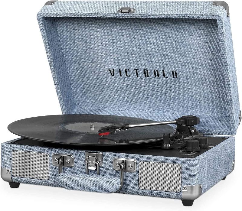 Photo 1 of Victrola Vintage 3-Speed Bluetooth Portable Suitcase Record Player with Built-in Speakers | Upgraded Turntable Audio Sound| Includes Extra Stylus | Light Denim Blue Linen
