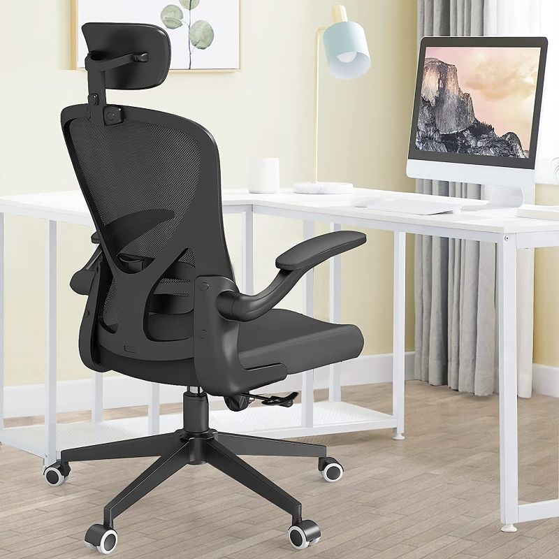 Photo 1 of Office Chair Ergonomic Home Desk Office Mesh Chair with Adjustable Headrest and Lumbar Support, Flip-Up Arms, Wheel High Back 360 Degree Swivel Computer Chair