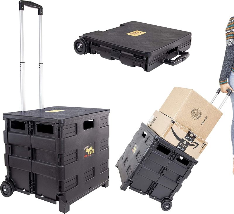 Photo 1 of *DAMAGED* dbest products Quik Cart Collapsible Rolling Crate on Wheels for Teachers Tote Basket 80 lbs Capacity, Made from Heavy Duty Plastic Used as a Seat, Black
