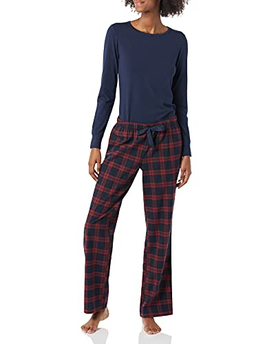 Photo 1 of Amazon Essentials Women's Lightweight Flannel Pant and Long-Sleeve T-Shirt Sleep Set, Burgundy/Navy, Blackwatch/Plaid, XX-Large
