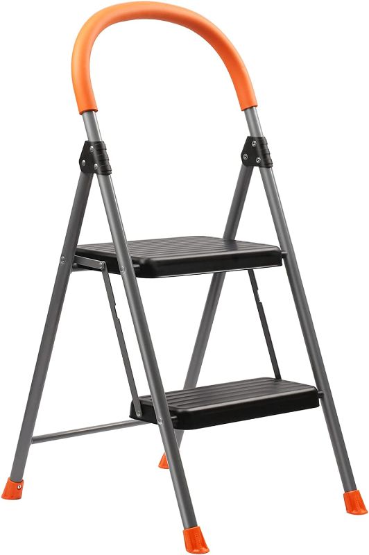 Photo 1 of 2-Step Ladder, Folding Metal Step Stool for Adults, Portable Steel Step Ladder, Wide Anti-Slip Pedal, Lightweight and Sturdy