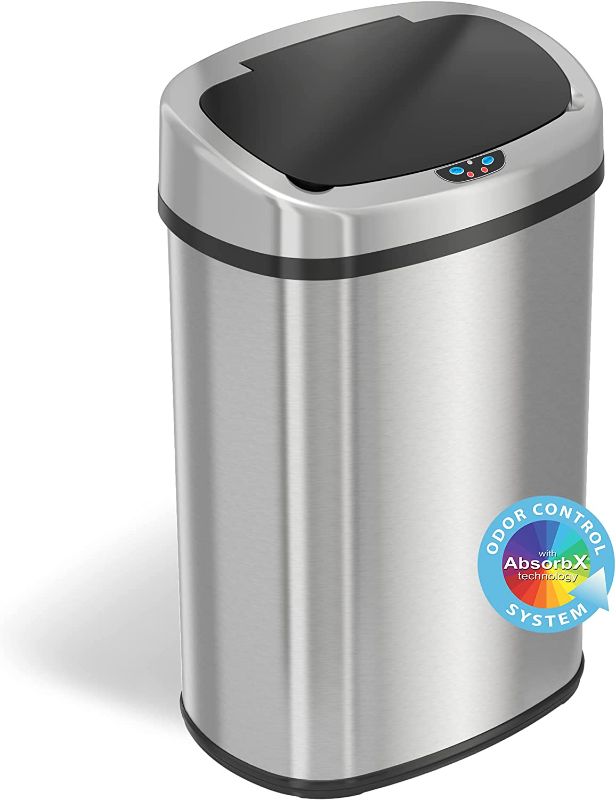 Photo 1 of  13 Gallon SensorCan Kitchen Trash Can with Odor Filter, Stainless Steel, Oval Shape, Sensor-Activated Lid Garbage Bin for Home, Office, Slim Space-Saving, Battery & AC Adapter not included