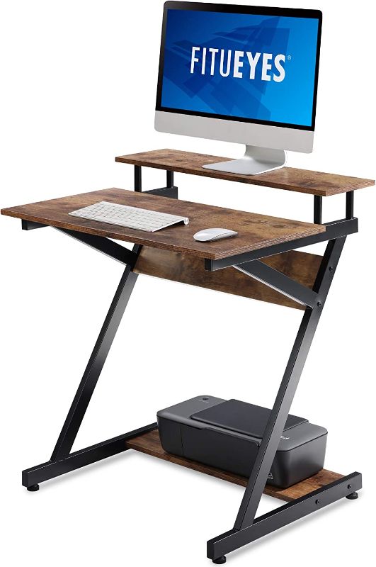 Photo 1 of FITUEYES Computer Desk for Small Spaces,27" Z-Shaped Compact Study Table with Monitor & Bottom Shelves for Home Office, Black